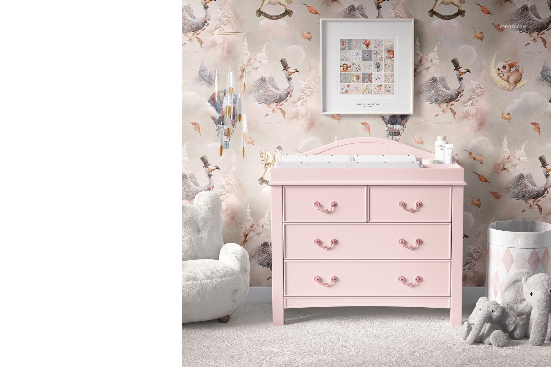 PSD mockup of a nursery featuring a pastel pink changing pad atop a dresser, with playful cloud wallpaper background.