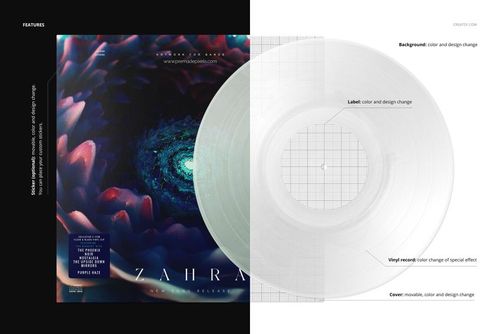 Front view of a split effect vinyl record and cover mockup showing a transparent record and a colorful album cover.