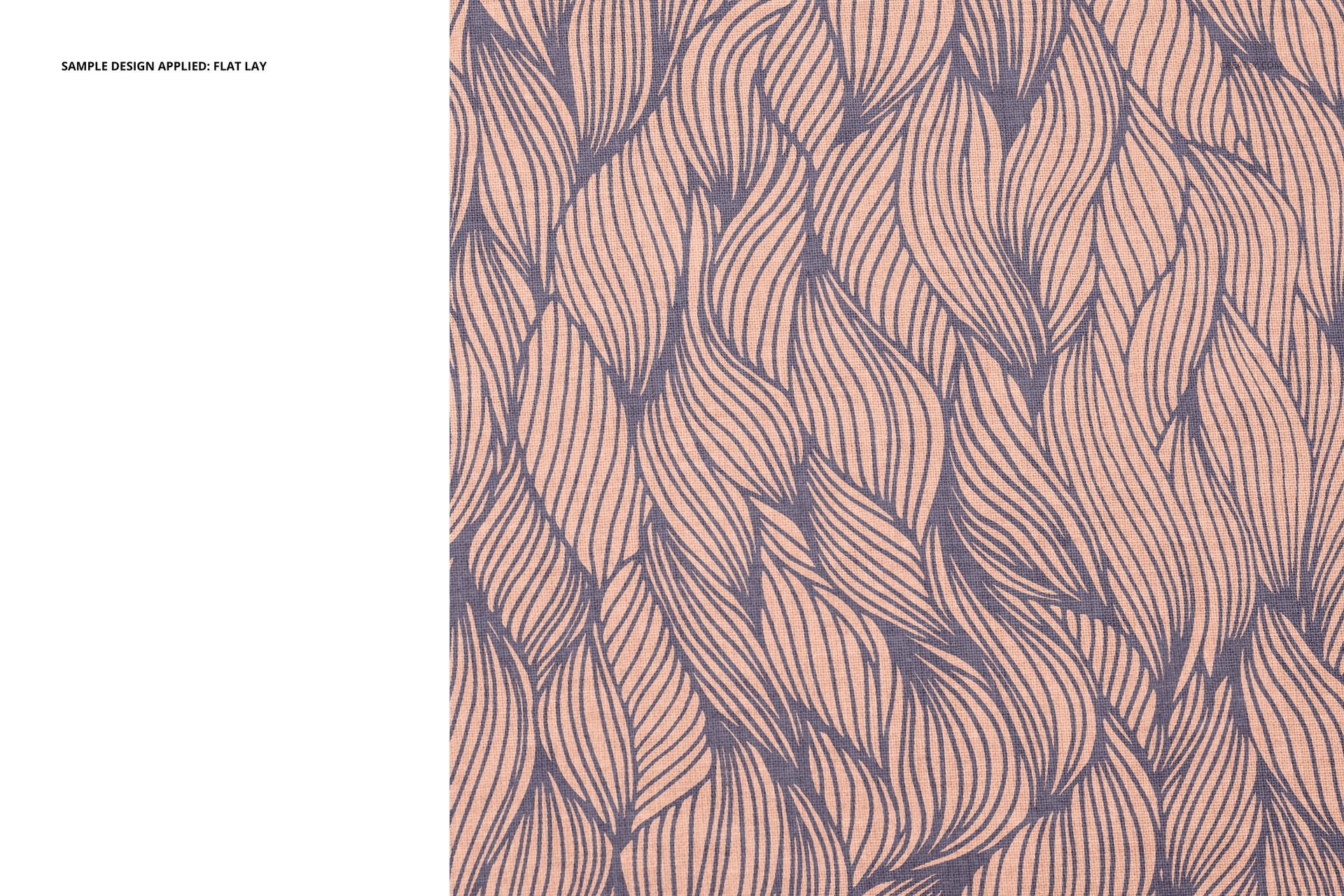 Flat lay of cotton fabric mockup featuring an intricate dark brown leaf pattern on a soft beige surface.