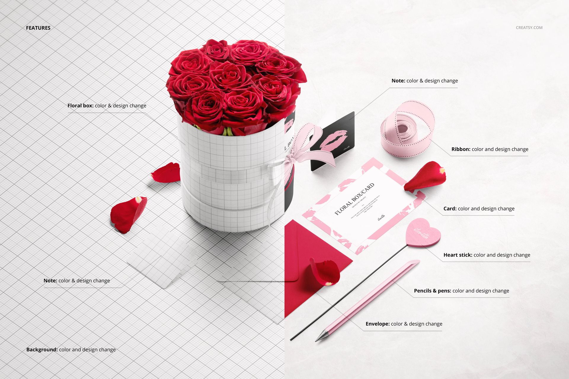 Floral box mockup featuring a cylindrical box with red roses, ribbon, cards, and envelopes on a white and grid surface.