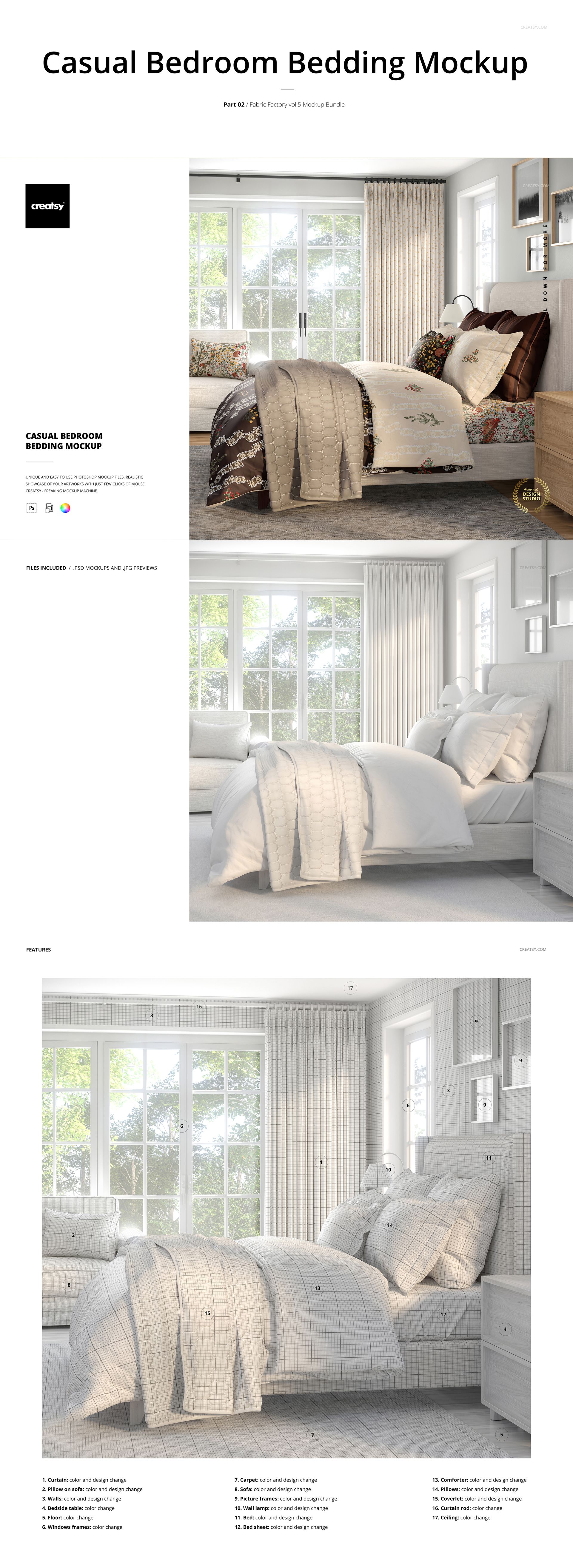 PSD mockup of a modern bedroom setup with textured blankets and pillows on a bed, surrounded by soft natural light.
