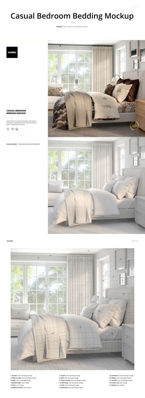 PSD mockup of a modern bedroom setup with textured blankets and pillows on a bed, surrounded by soft natural light.