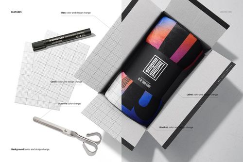 Fleece blanket mockup in a white box, featuring a vibrant design and black label, shown from a top-down perspective.