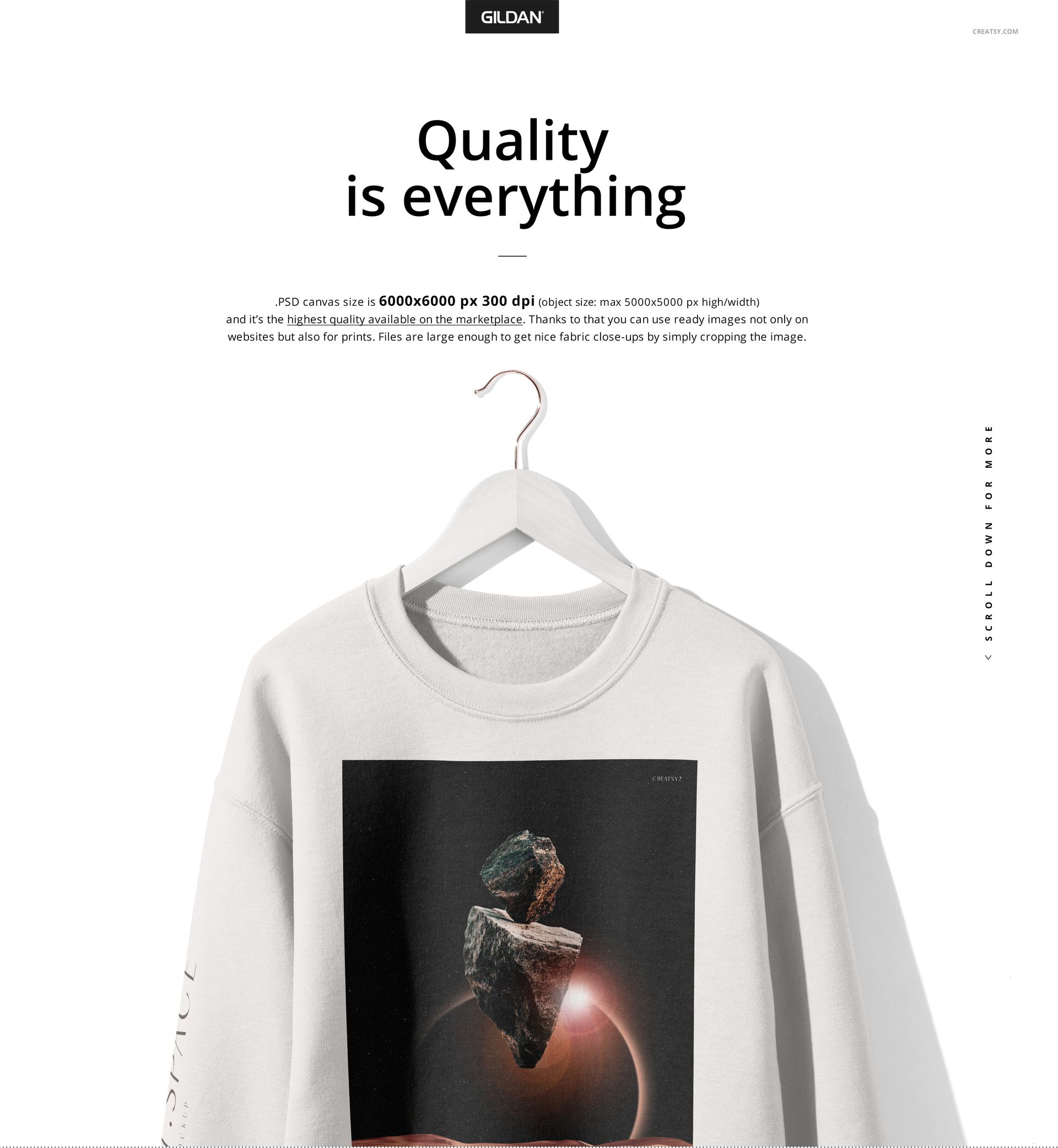 Light gray Gildan sweatshirt mockup displayed on a hanger, with a centered abstract artwork and minimalist background.