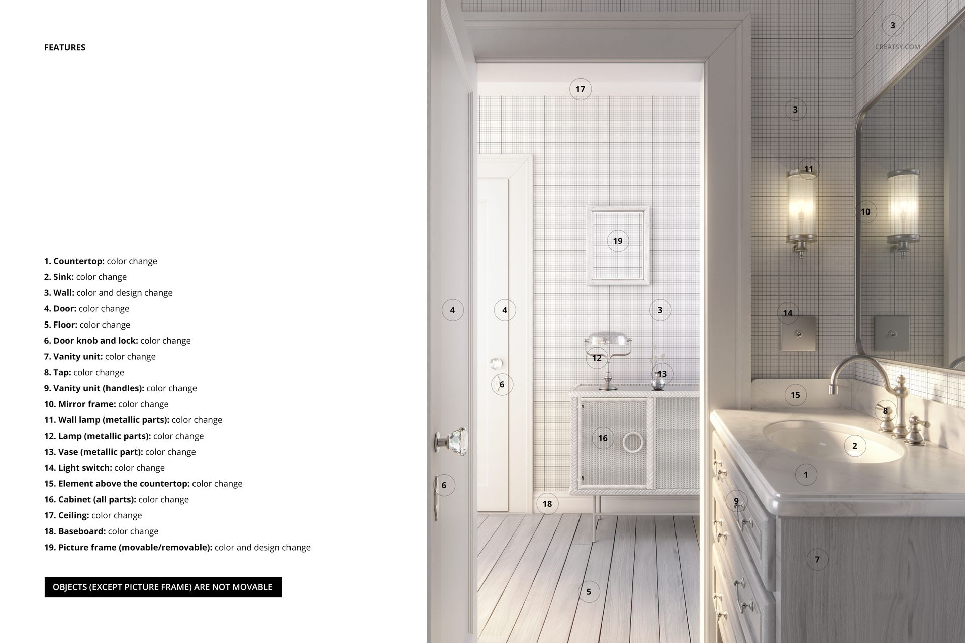 Front view of a modern art deco bathroom mockup with white walls, grid tile pattern, and silver fixtures.