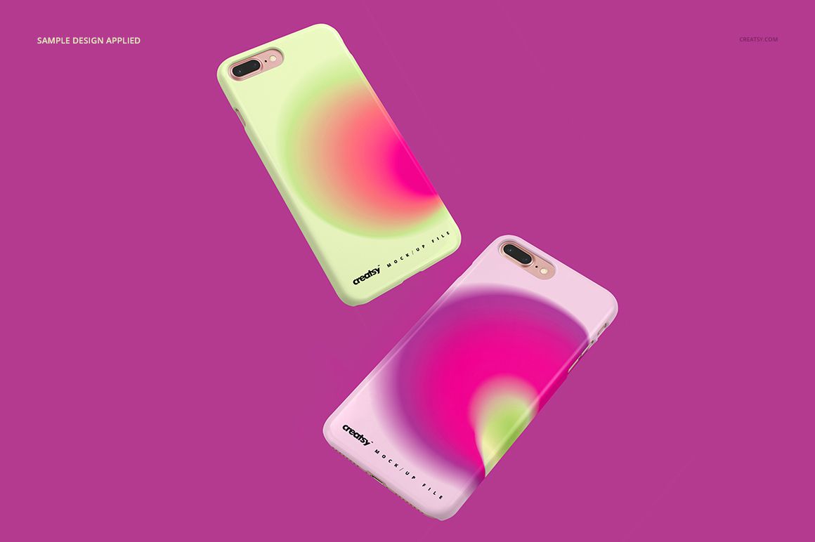 PSD mockup showing dual iPhone 7 Plus or 8 Plus cases with colorful abstract gradients, set against a magenta backdrop.