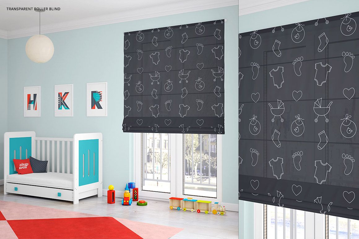 Kids room interior with two large roman blinds featuring playful white line drawings, shown in a front view mockup.
