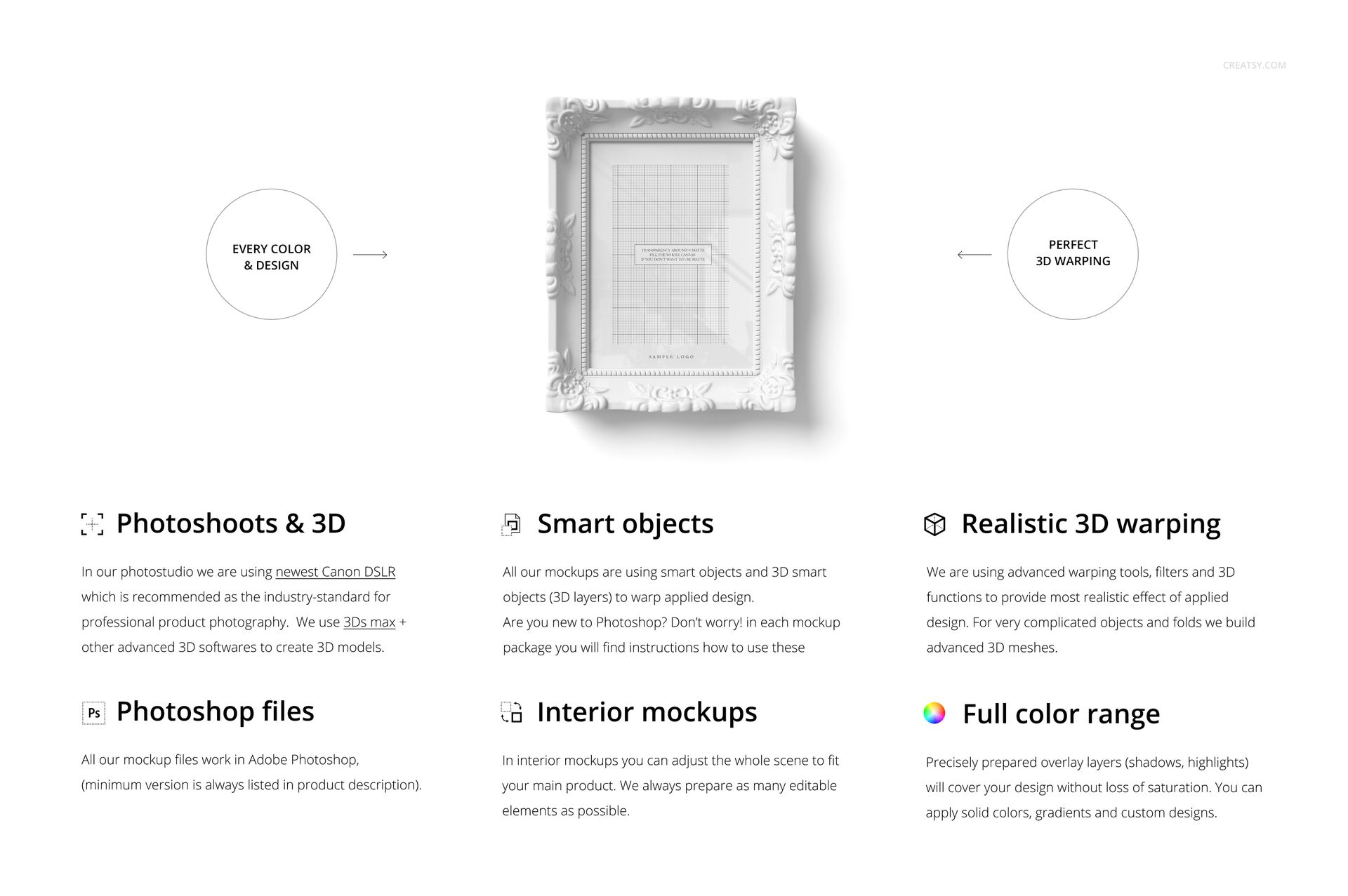 Front view of a classic painted picture frame mockup with ornate white detailing, centered on a light background.