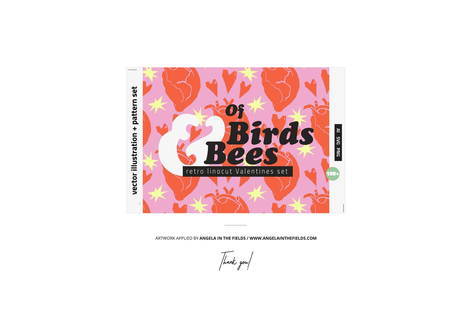 Front view of a rectangular stationery mockup featuring a pink background with red roses, yellow hearts, and bold text.