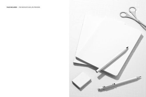 Workspace PSD mockup showing blank notebooks, pencils, scissors, and eraser from a top-down perspective.