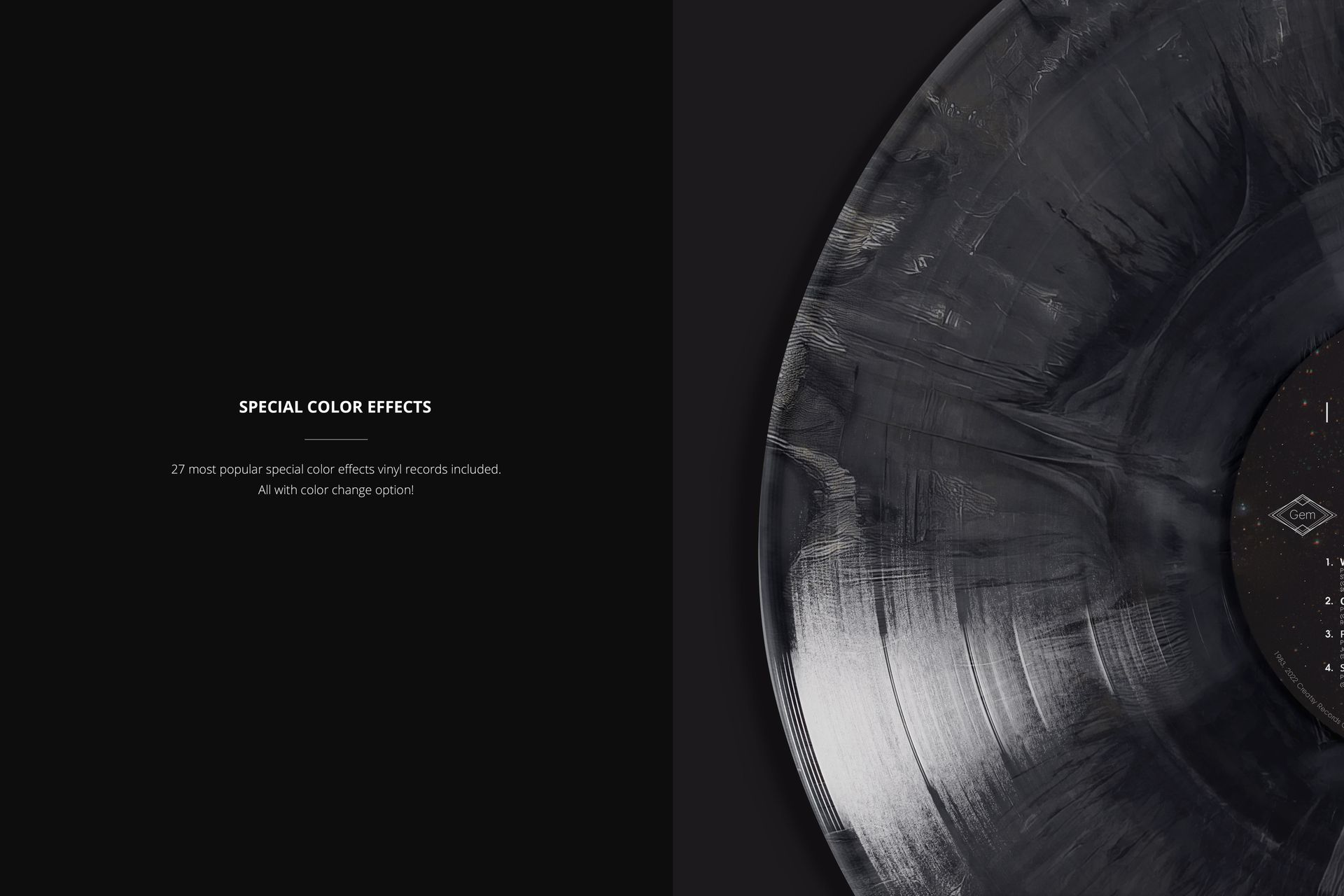 PSD mockup displaying a marbled translucent vinyl record with special color effects, photographed in partial view.