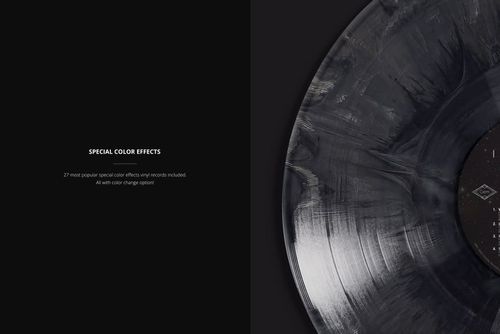 PSD mockup displaying a marbled translucent vinyl record with special color effects, photographed in partial view.