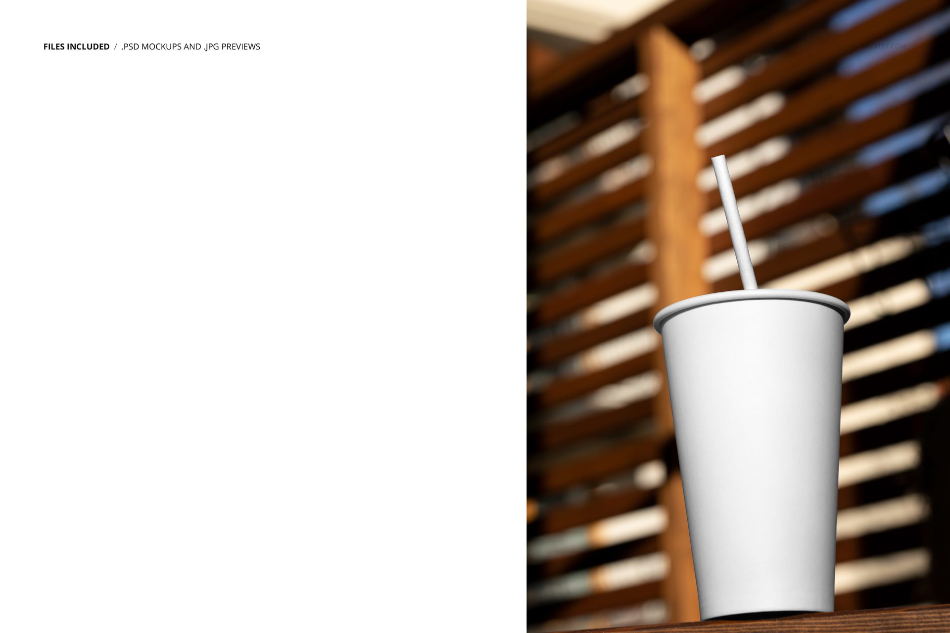 White paper cup with a straw standing upright against horizontal wooden blinds, shown in a realistic PSD mockup scene.