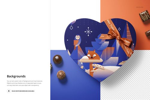 Heart-shaped chocolate box mockup with blue and orange woodland design, ribbon, and assorted chocolates, top view.
