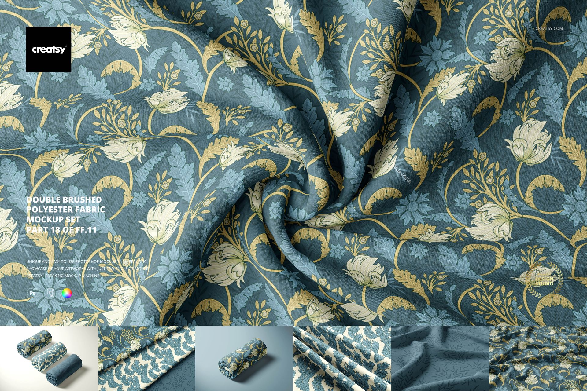 Double brushed polyester fabric mockup with blue and beige floral pattern, shown in a crumpled front view scene.