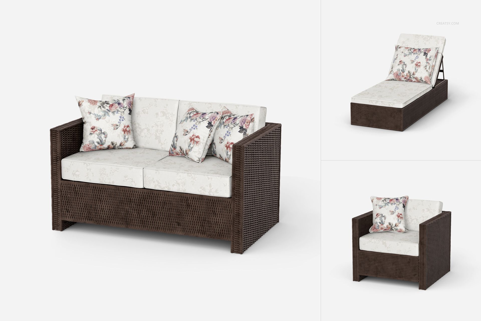 PSD mockup of outdoor rattan seating, showing a sofa, chair, and lounger with light cushions and floral accent pillows.
