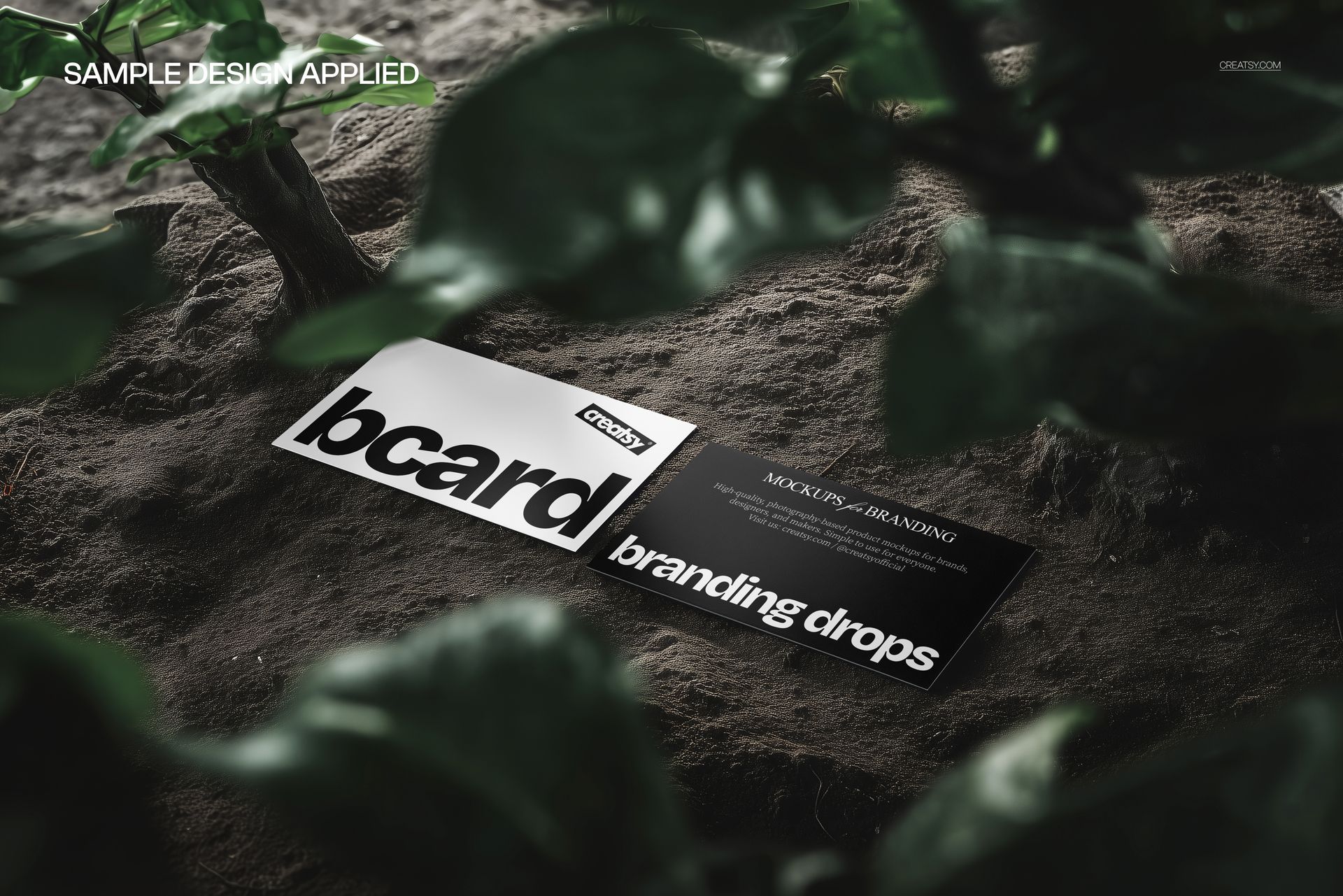 Two business cards lying on soil, surrounded by green plant leaves, shown in a realistic top view mockup scene.