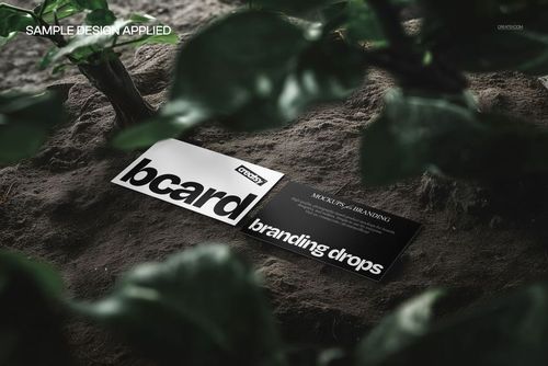 Two business cards lying on soil, surrounded by green plant leaves, shown in a realistic top view mockup scene.