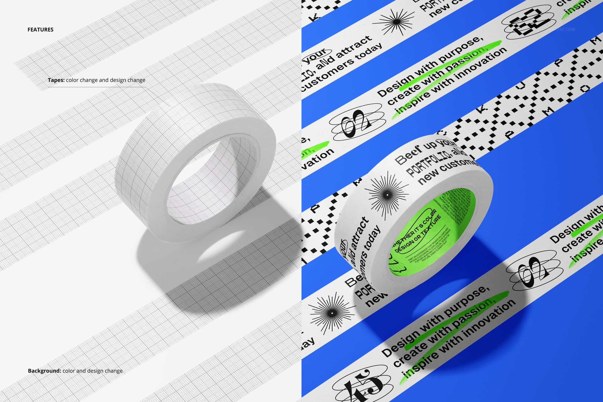 Packaging tape mockup featuring a roll of tape on a split background with grid and vibrant blue sections, top view.