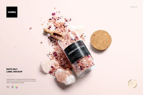 Bath salt PSD mockup showing a glass jar with black label, loose pink salts, cork lid, and scoop on a light surface.