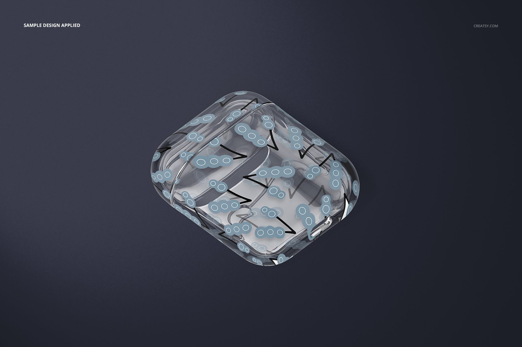 AirPods clear case mockup with modern blue and gray motif, placed on a solid dark surface, top view.