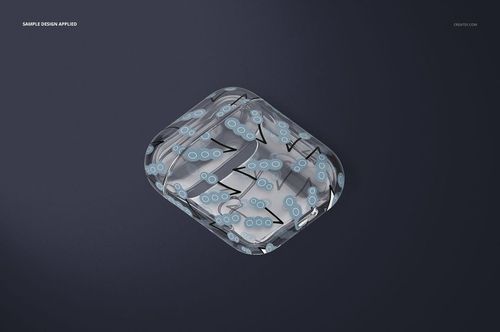 AirPods clear case mockup with modern blue and gray motif, placed on a solid dark surface, top view.