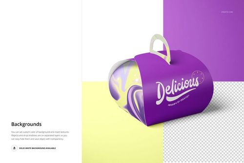 PSD mockup of a curved cake box featuring a purple exterior and marbled yellow accents, displayed on a color-blocked surface.