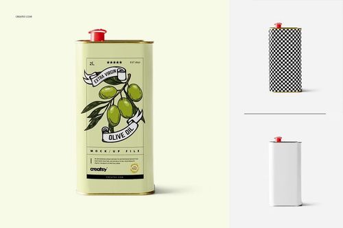 Olive oil tin container mockup set showing three variations: illustrated label, checkered pattern, and plain white design.