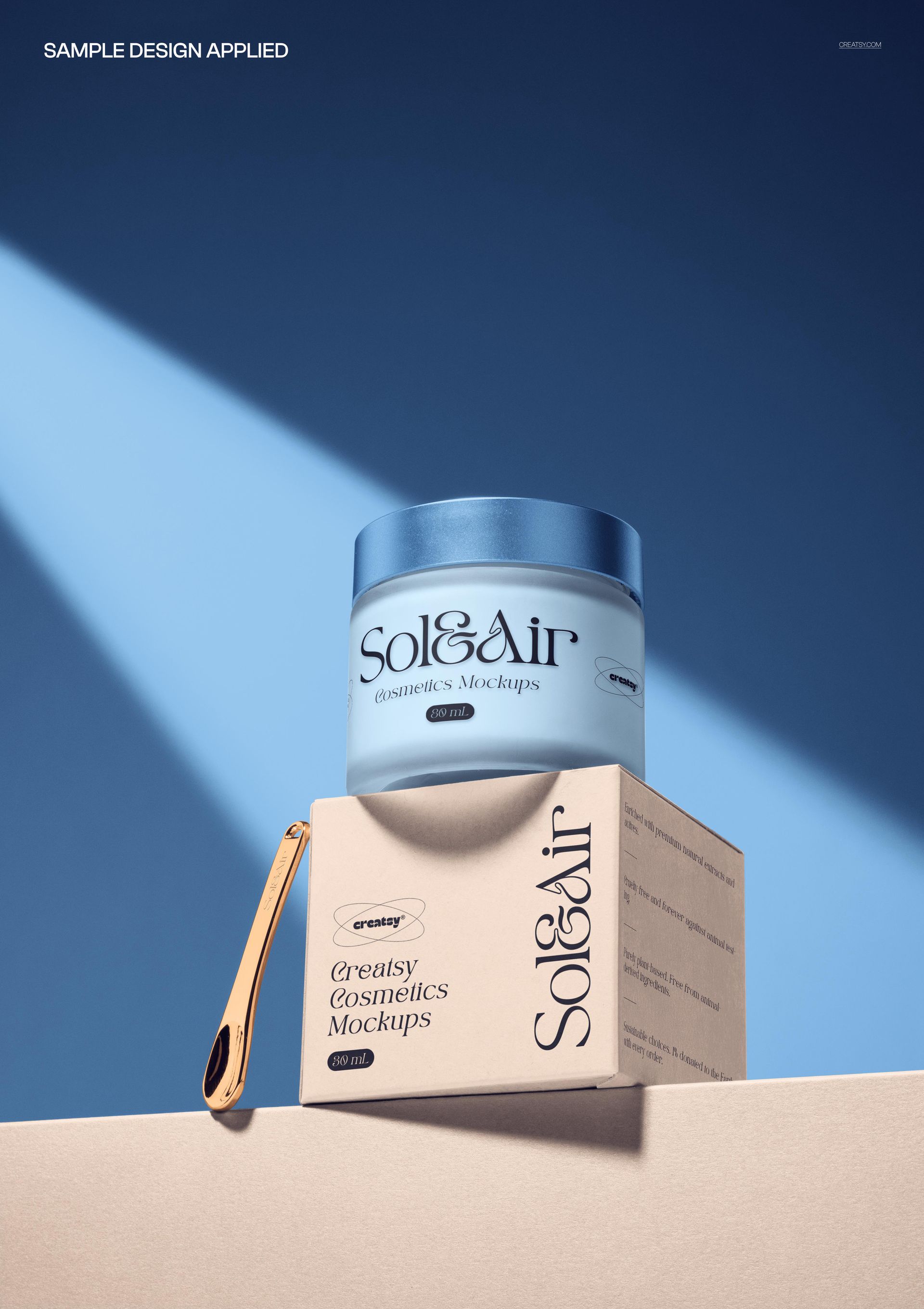 Cosmetic cream jar and gold spatula resting on a box, illuminated by a spotlight, PSD mockup scene.