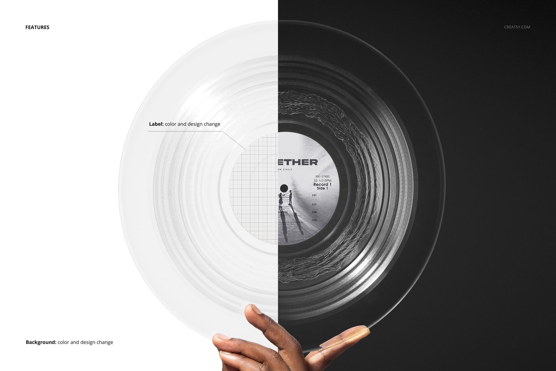 Front view of a transparent vinyl record mockup held in one hand, with contrasting light and dark background halves.
