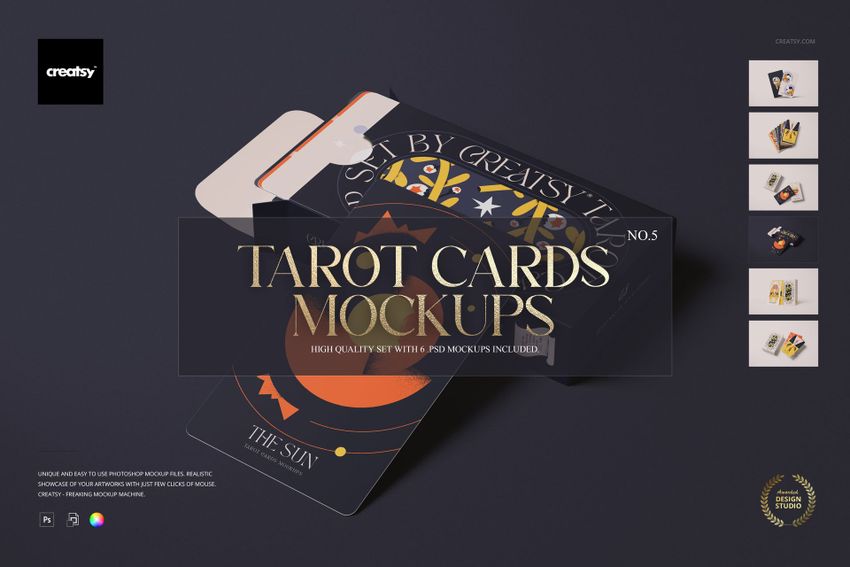 Tarot cards mockup with illustrated cards and a black box, gold accents, presented on a dark background.