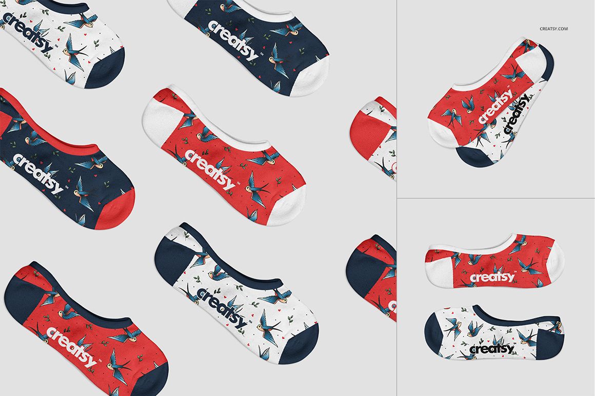 No show socks mockup set featuring multiple pairs in red, navy, and white with abstract bird patterns, top view.