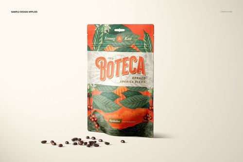 Doypack bag pouch mockup featuring a botanical pattern and scattered coffee beans on a neutral background.
