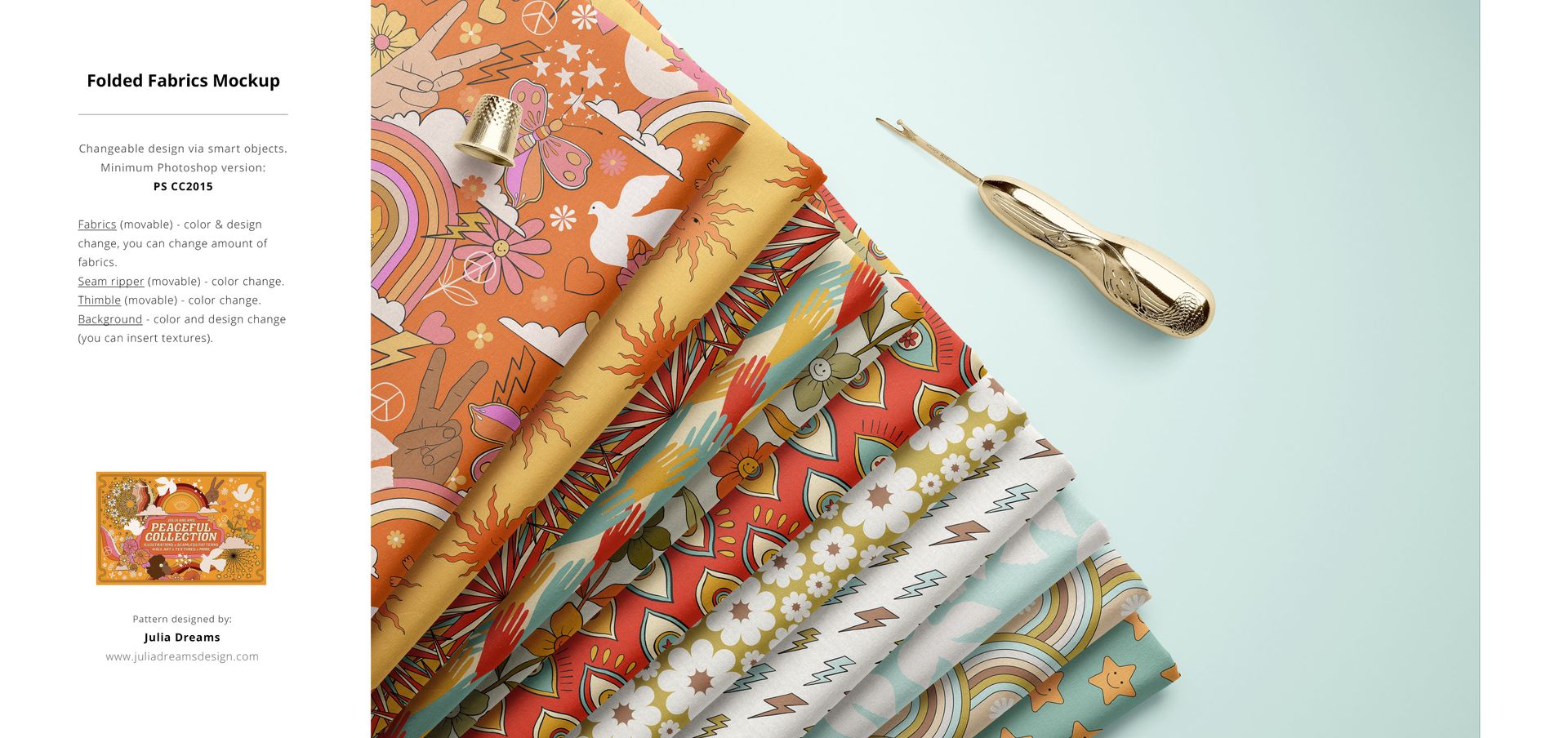Folded fabric mockup bundle displaying various colorful prints, arranged on a pale blue background with metal scissors.
