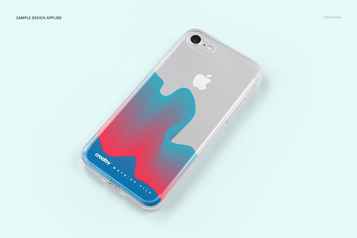 iPhone 7 clear case mockup featuring a transparent cover with blue and red pattern, shown from a diagonal perspective.