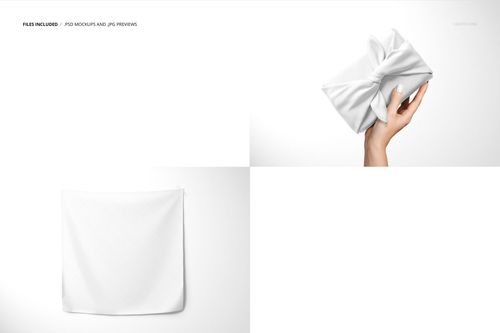 Furoshiki fabric wrap mockup set featuring a white cloth in various positions, including folded and flat views.