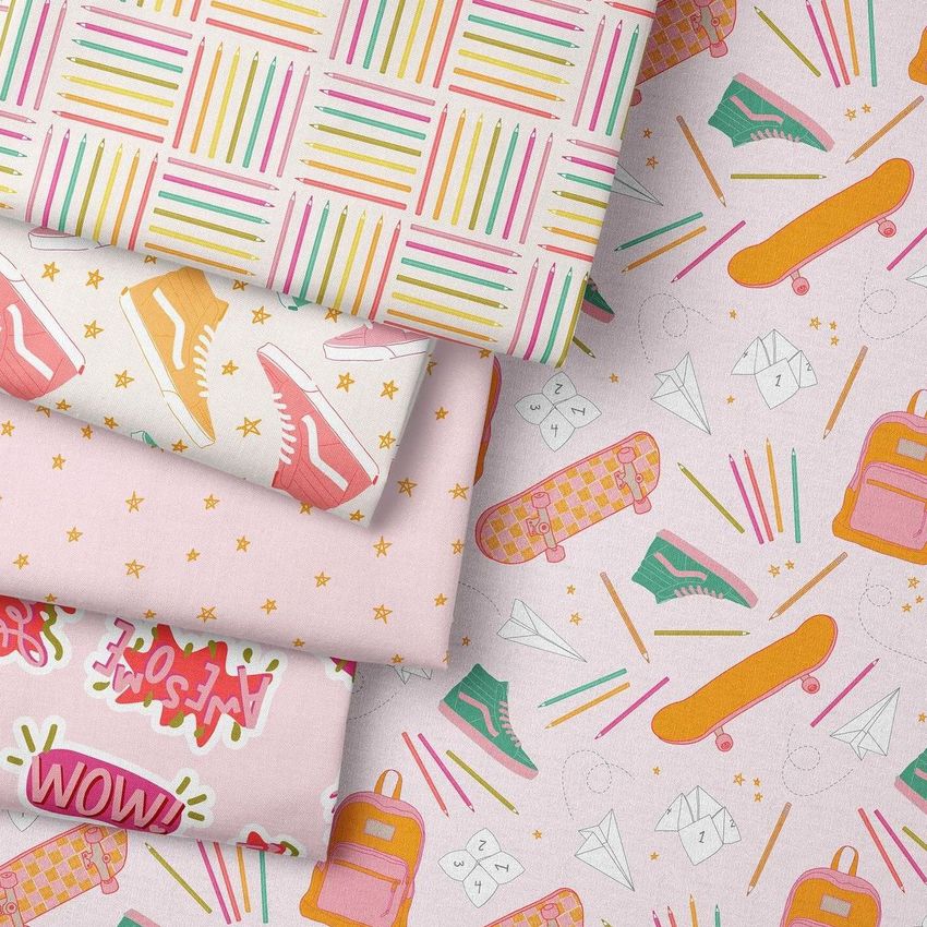 Folded fabrics mockup featuring colorful school-themed patterns with sneakers, pencils, skateboards, and backpacks on a light background.