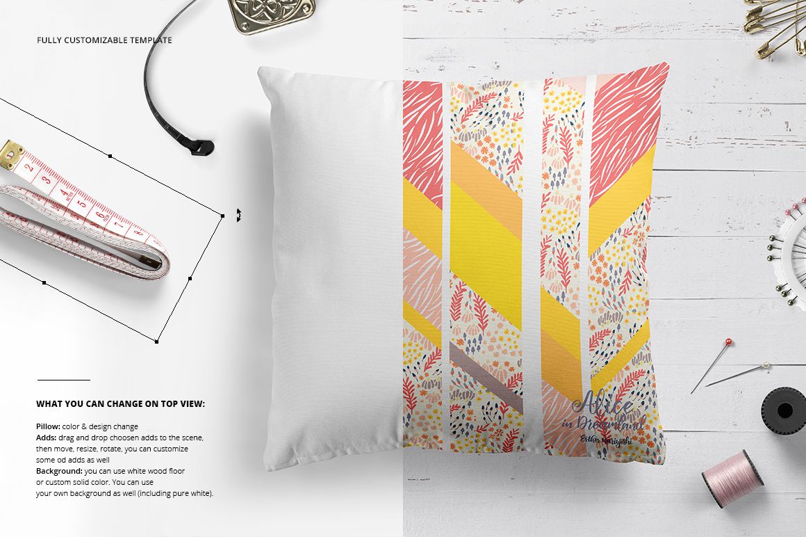 Top view of a throw pillow mockup featuring split design: plain white on one side, vibrant patterns on the other, surrounded by sewing tools.