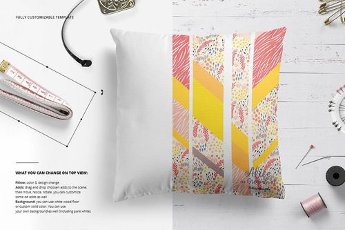 Top view of a throw pillow mockup featuring split design: plain white on one side, vibrant patterns on the other, surrounded by sewing tools.