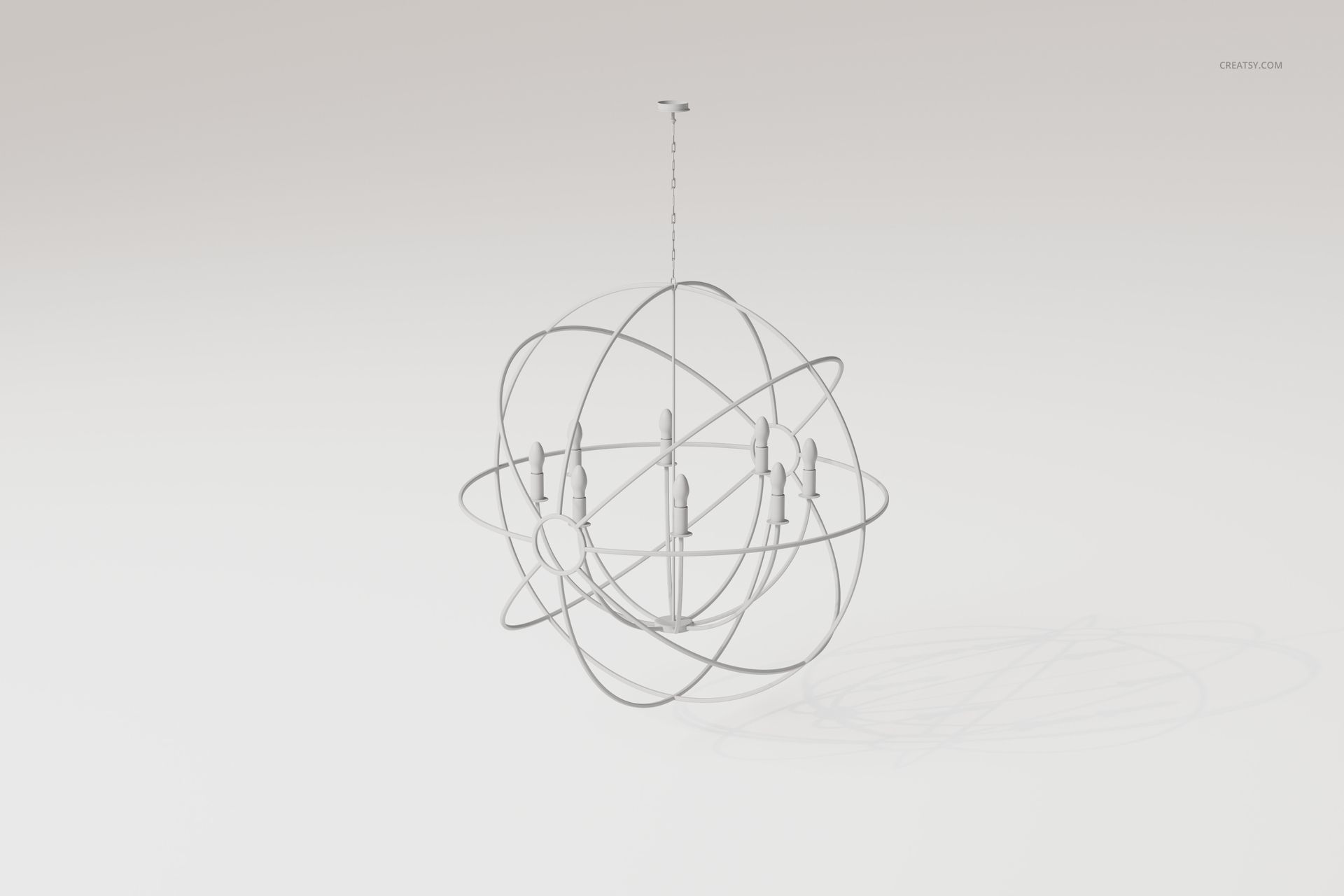 Modern sputnik style chandelier with multiple intersecting metal rings and exposed bulbs, front view on white background.