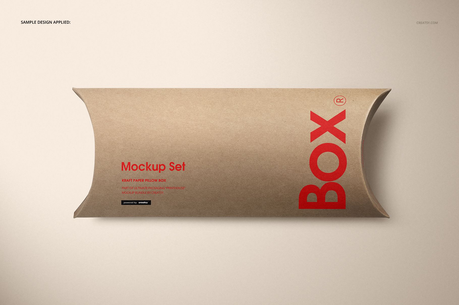 Kraft paper pillow box mockup set displayed in a front view, featuring natural brown color and red text accents.