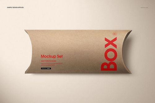 Kraft paper pillow box mockup set displayed in a front view, featuring natural brown color and red text accents.