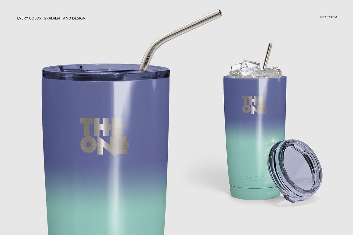 Front and angled view of a powder coated tumbler with a gradient blue to green design, metal straw, and ice cubes on a white background.