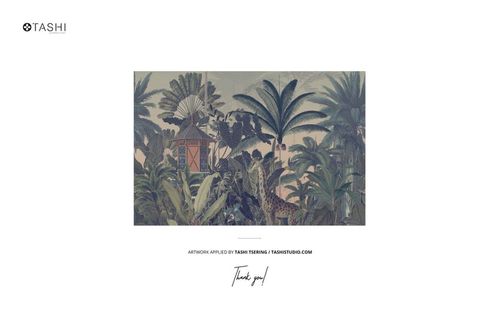 Rectangular canvas print mockup with an art deco botanical scene, featuring lush green foliage and muted tones.