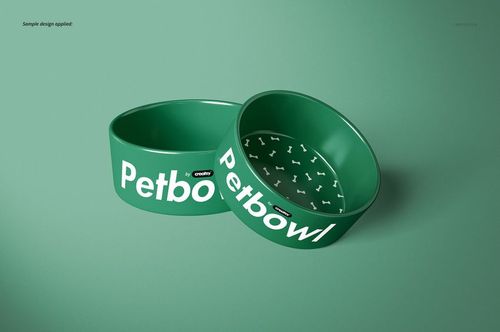 Green pet bowl PSD mockup set featuring white lettering and bone motifs, shown from a side and top perspective.
