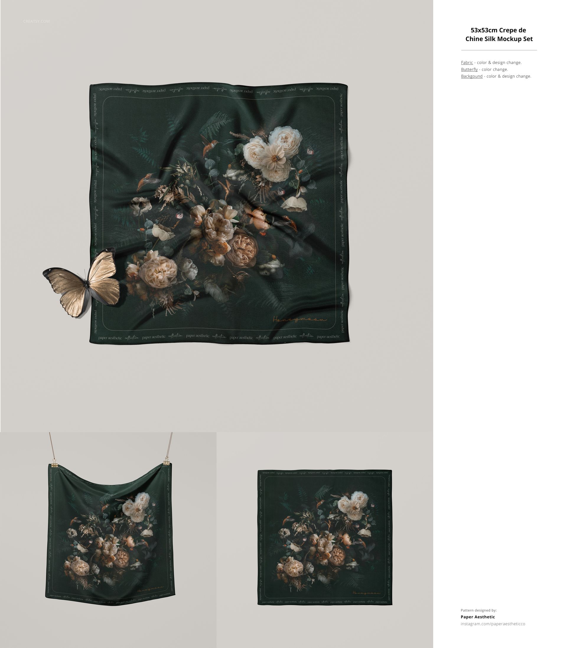 PSD mockup of a square fabric featuring a botanical design and butterfly, presented flat and draped on a string.