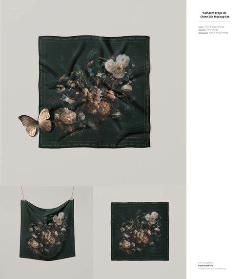 PSD mockup of a square fabric featuring a botanical design and butterfly, presented flat and draped on a string.