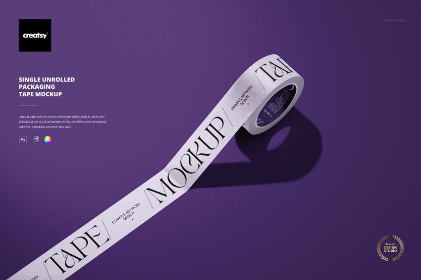 Unrolled packaging tape mockup featuring black text on a white tape, shown in a diagonal layout against purple.