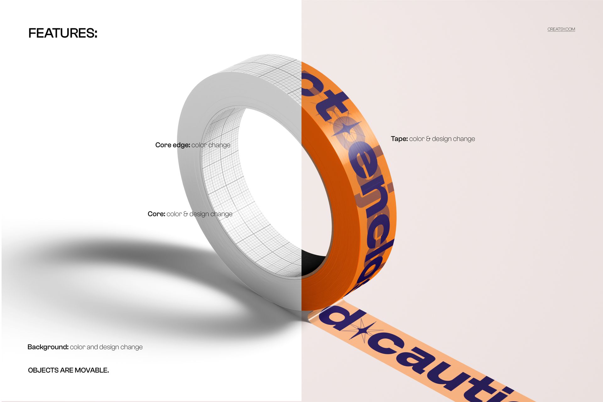Semi-transparent narrow duct tape roll mockup with orange and white sections, shown in a split front view on a neutral background.