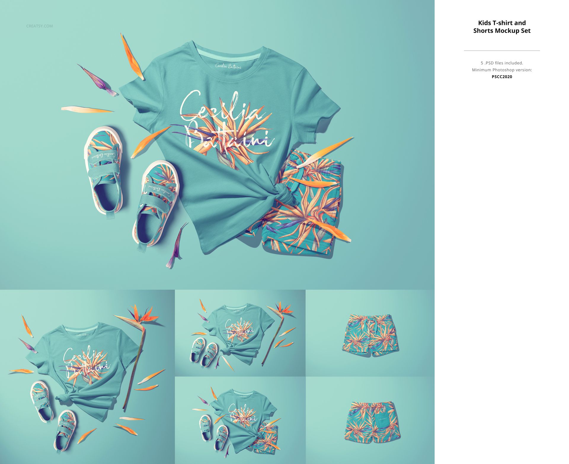 Front view of a kids' t-shirt and shorts mockup set in teal, paired with matching shoes and colorful leaves on a blue background.